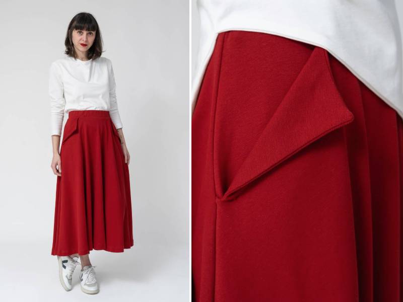 Falda midi roja estilo minimalista