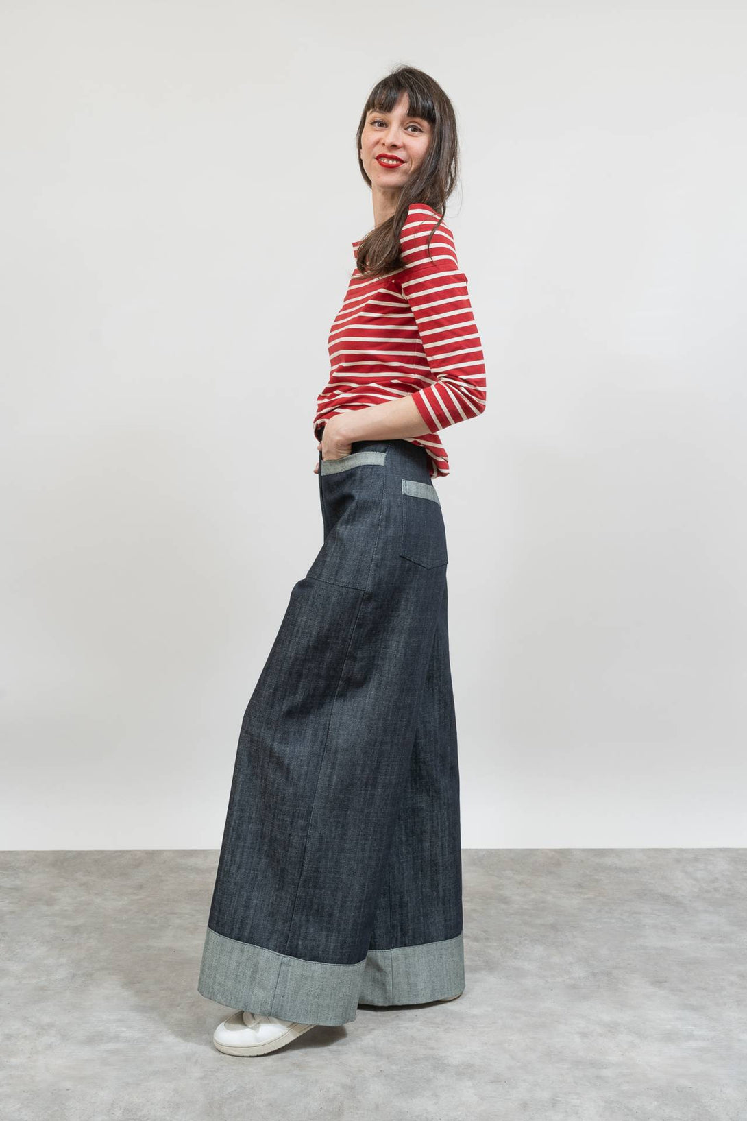 Falda pantalón bajo vuelto denim-Elisa Muresan