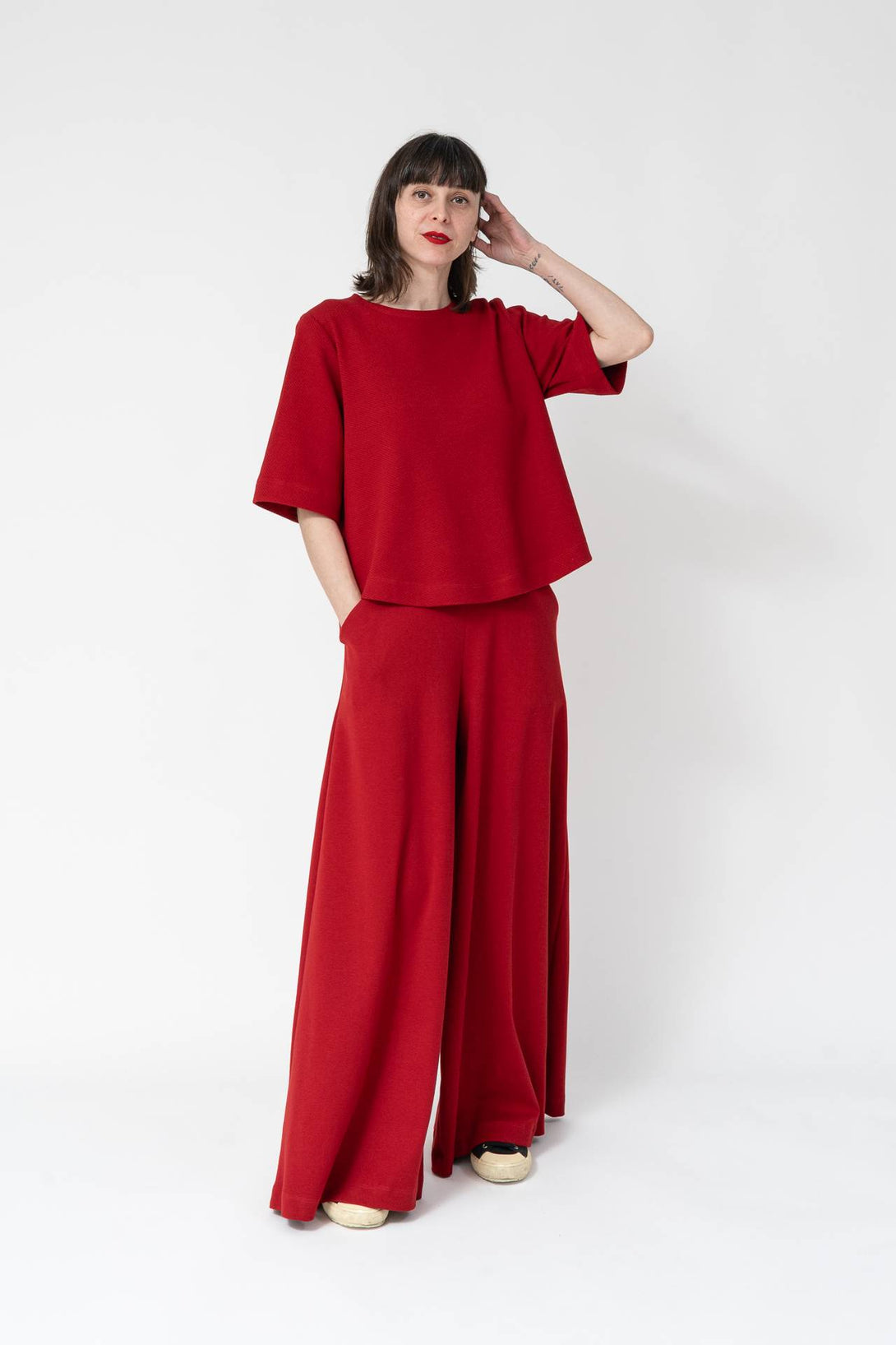 Falda pantalon bolsillo solapa rojo-Elisa Muresan