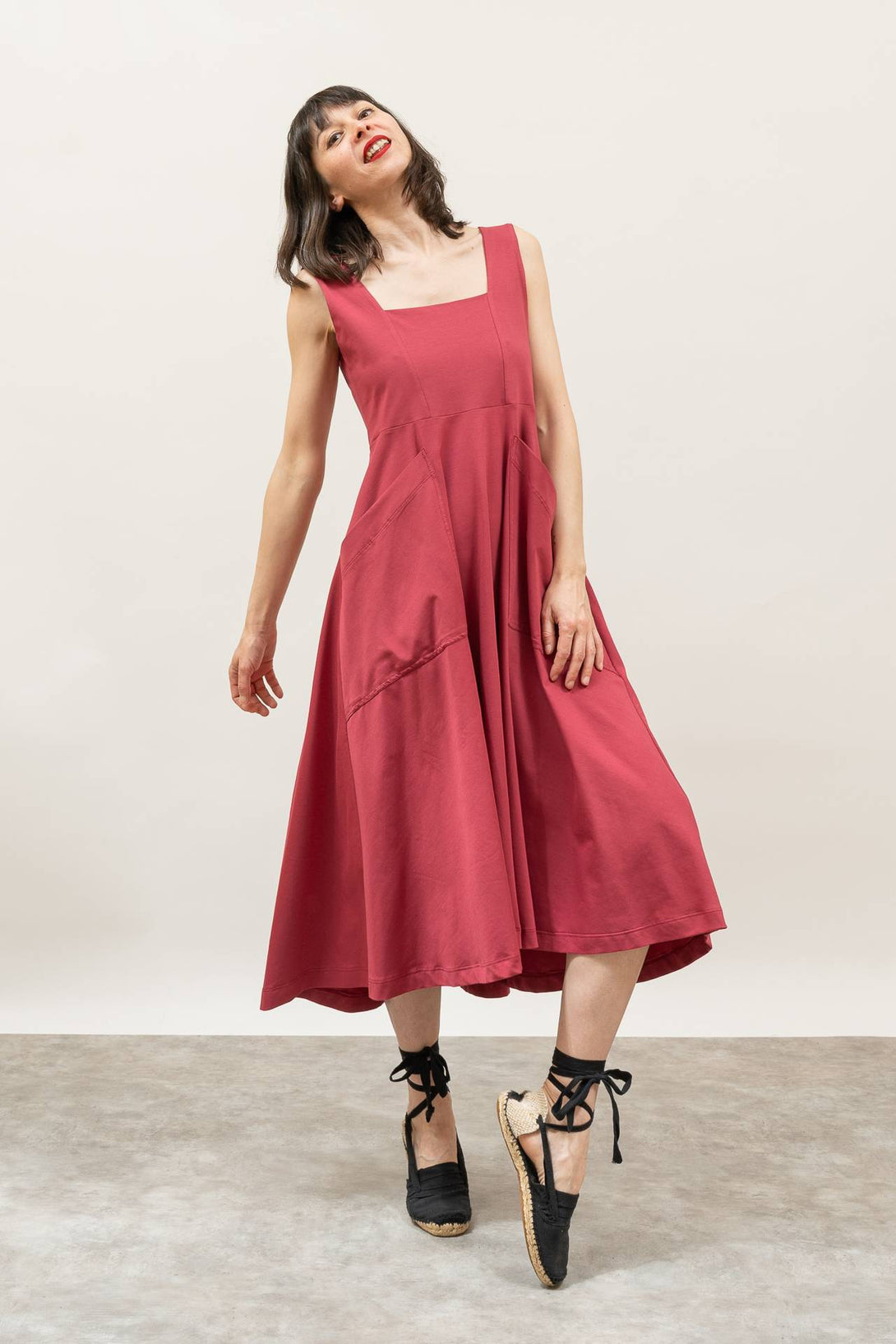 Vestido midi escote cuadrado rosa-Elisa Muresan